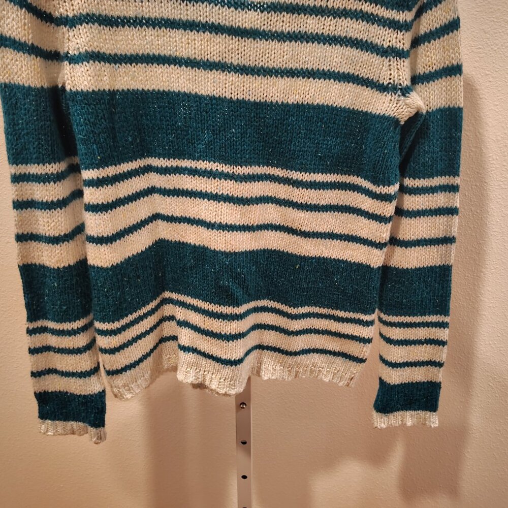 St. John's Bay Women's V-Neck Sweater Teal White Stripes Mesh Style Size Medium - Picture 9 of 10
